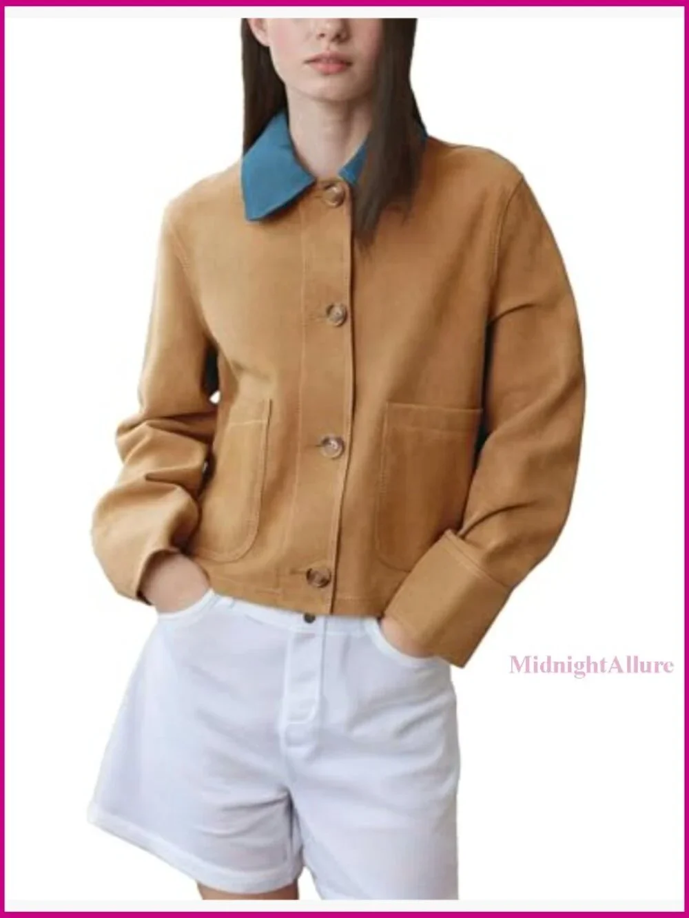 Faux Suede Vintage Button Down Shacket with Contrast Lapel Collar and Pockets - Picture 2 of 6